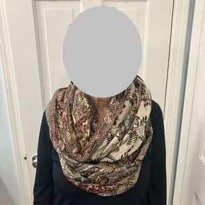 Raj Infinity Scarf Boho Brown Tan Maroon black paisley pattern reversable knit